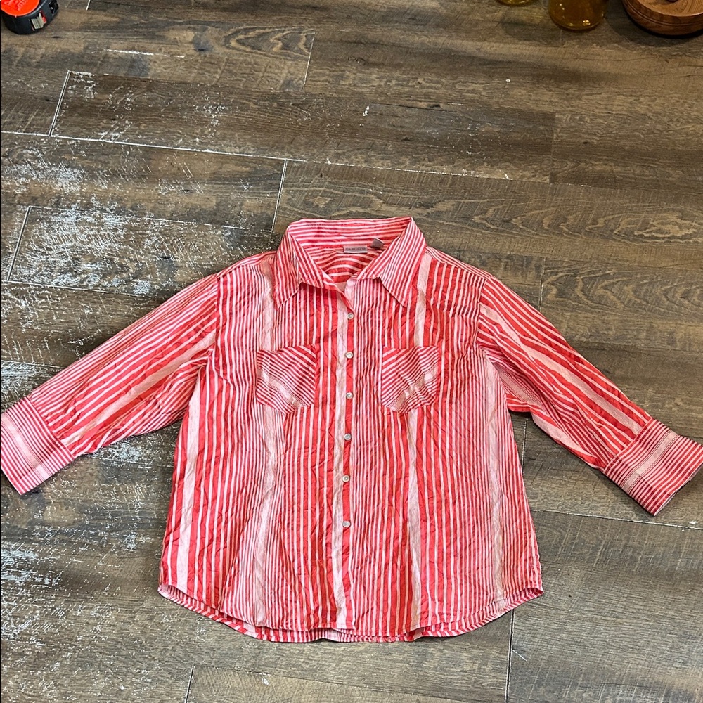 Chico's Women's Size 3 Silk Blend 3/4 Sleeve Blouse Red White Striped Top Button